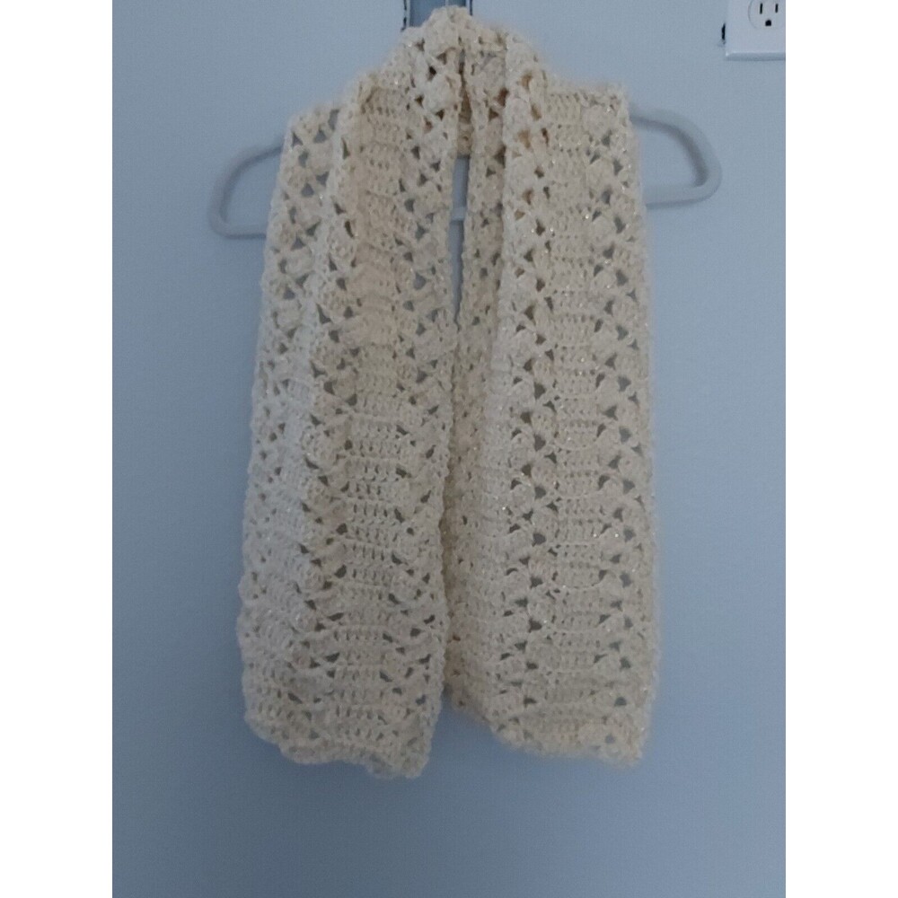 Handmade Crochet Men's Women's Metallic Ivory Scarf 55" X 9" Polyester